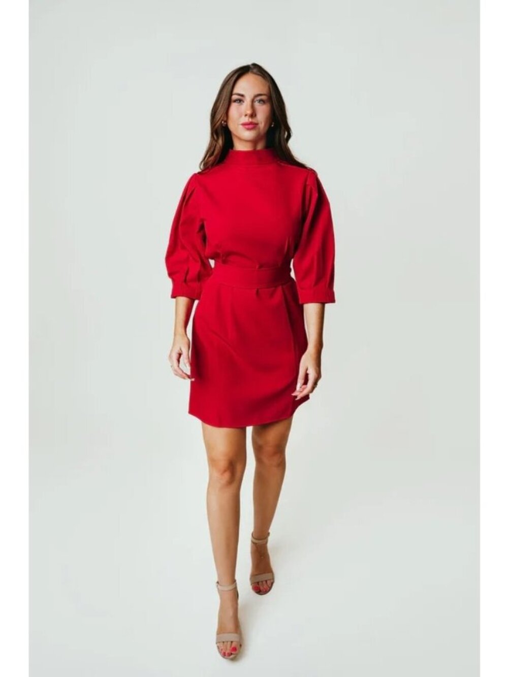 Sculpted Red High-Neck Mini Dress with Statement Sleeves